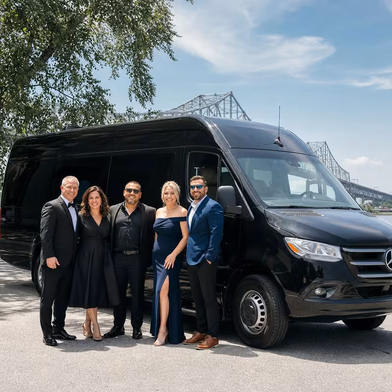 Group beside a Mercedes Sprinter limo from the New Orleans fleet