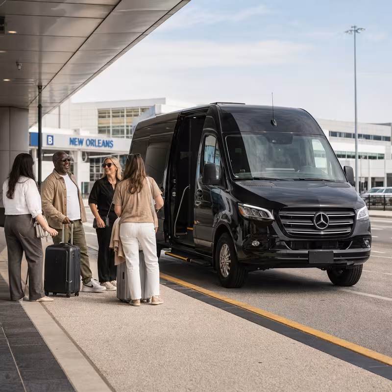 Group boarding a white charter bus for Airport Transportation transportation in New Orleans