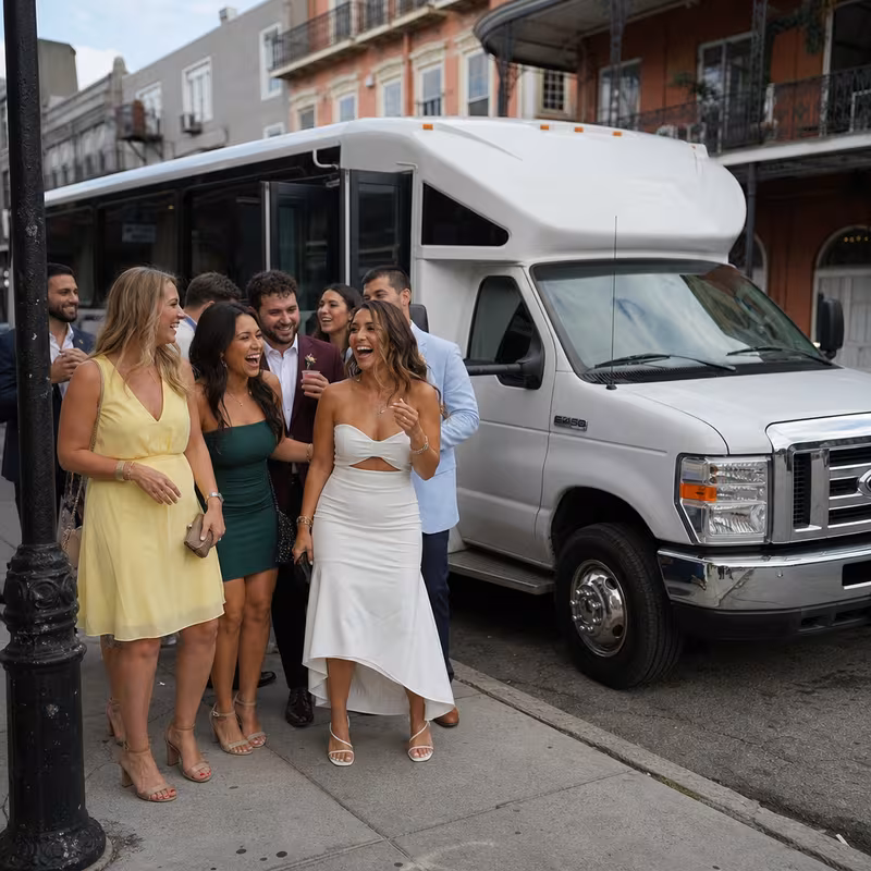 Black Mercedes Sprinter van staged for an New Orleans Bachelor & Bachelorette Transportation group