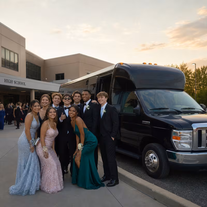 Group boarding a white charter bus for Prom & Homecoming Transportation transportation in New Orleans