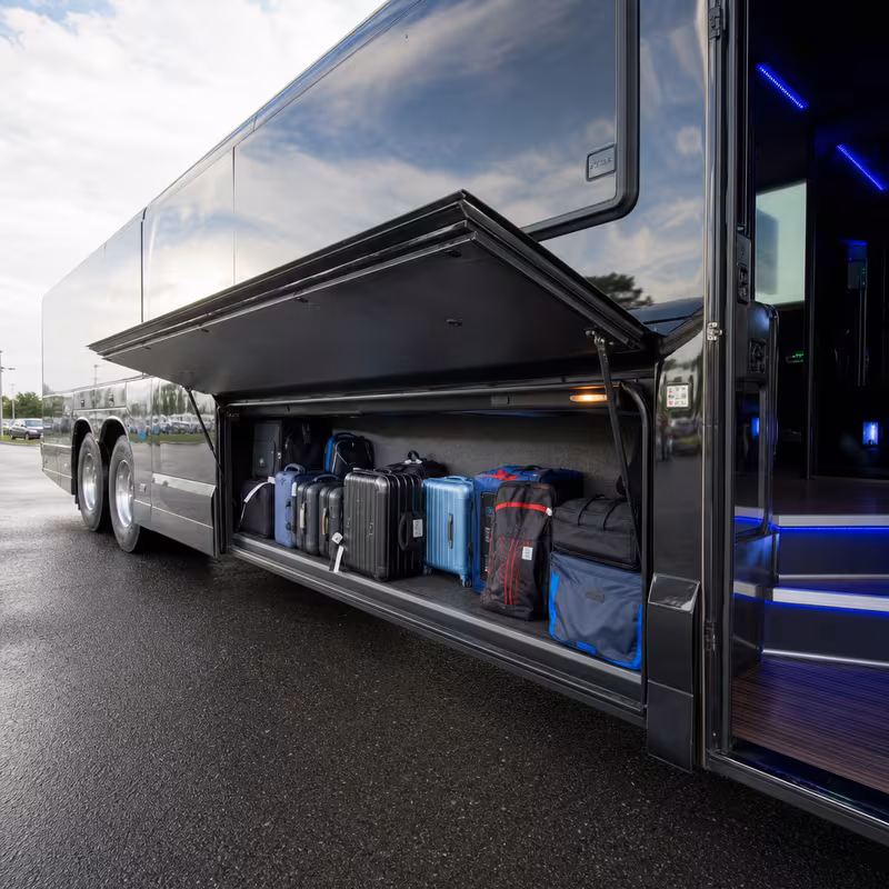 Party bus interior with wraparound leather seating and LED lighting in New Orleans